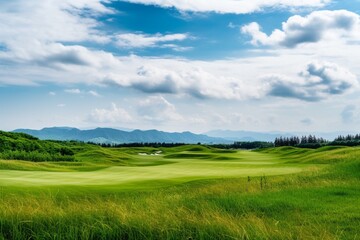 Fototapeta premium Panorama View of Golf Course with putting green in Hokkaido, Japan. Golf course with a rich green turf beautiful scenery.