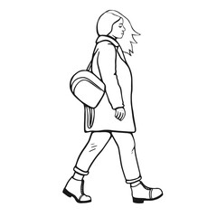Modern urban girl is walking. Black and white sketch. Windy illustration