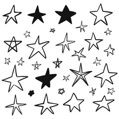 Collection of hand drawn stars isolated on white background. Vector illustration