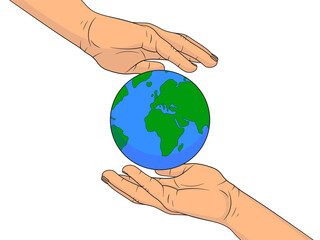 Planet Earth in the hands of man. Vector illustration isolated on white background