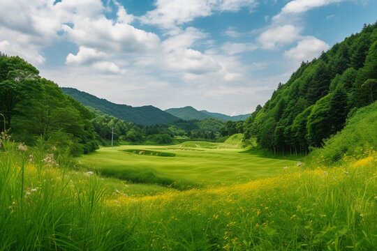 Panorama View of Golf Course with putting green in Hokkaido, Japan. Golf course with a rich green turf beautiful scenery.