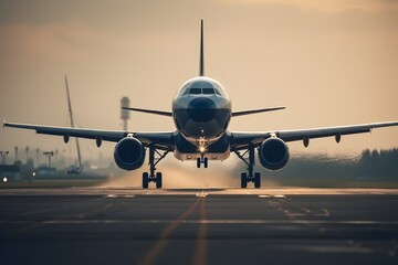 Front view of a passenger airplane is landing or taking-off on the airport runway, transportation scene. Generative Ai