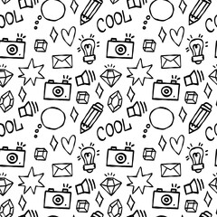 Doodle Creative Seamless Pattern. Organic black outline doodle with different decor element. Vector contemporary playful art. Modern wallpaper. Trendy textile fabric paper for kids
