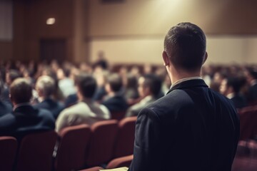 Young speaker speaks at a business conference or event, meeting room, meeting room. Generative AI