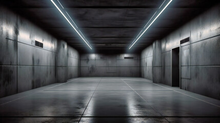 an empty black room with lights on top