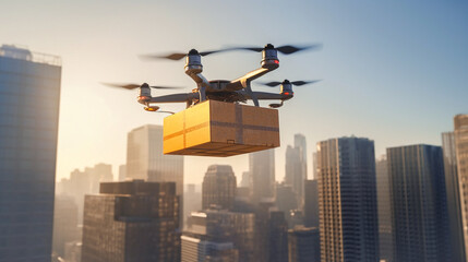 Drone flying over city with box. Drone delivering package. Fast delivery in future. Generative AI. High quality illustration