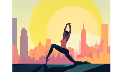 A girl practices yoga early in the morning at home in New York. Skyscrapers in the background.