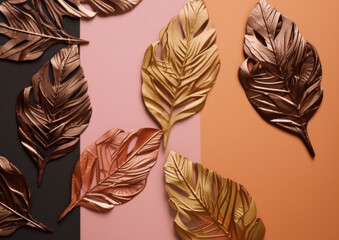 Metallic Leaves on Striped Color Background Created with Generative AI and Other Techniques