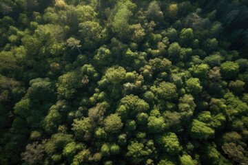 Naklejka na ściany i meble Aerial view of forest plantations. Natural forest background. 6K high resolution image. Generative AI, human enhanced