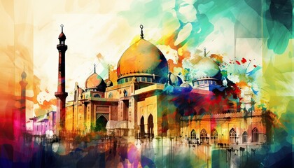 water color painting Arabic Islamic Typography design Mawlid al-Nabawai al-Sharif greeting card with dome and minaret of the Prophet's Mosque. Generative Ai