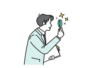 male businessperson examining with a magnifying glass.