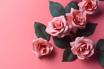 blooming roses in pink paper card, pink roses on background copy space, wallpaper banner template, generative ai