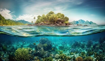 Tropical Island And Coral Reef - Split View With Waterline. Beautiful underwater view of lone small island above and below the water surface in turquoise waters of tropical ocean. Generative Ai.