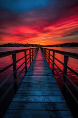 Fototapeta na wymiar Wooden plank walkway leading to a beautiful sunset on the lake. Generative Ai.