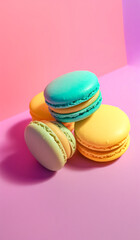 Obraz premium Delicious, sweet tasty dessert. Pastel colorful macaroons, treat and dessert. Small cookies that bring happiness. Illustration, Generative AI.