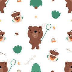 Seamless pattern of camping elements and cute bear. Colorful vector illustration in flat cartoon style.