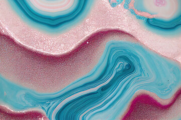 Pink and teal acrylic color liquid ink swirl abstract background with ravishing turbulence wavy pattern and detailed texture. Colorful and realistic dynamic texture by Generative AI. Generative AI - obrazy, fototapety, plakaty