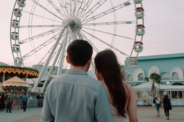 generative ai illustration of couple in love standing in front of ferris wheel - obrazy, fototapety, plakaty