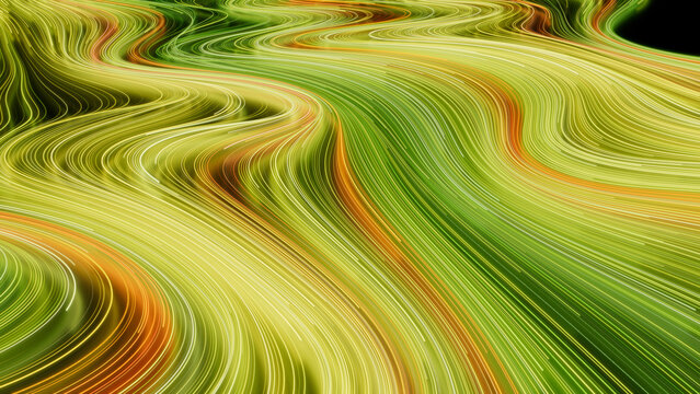 Abstract Neon Background with Green, Yellow and Orange Stripes. 3D Render.