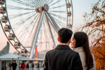 generative ai illustration of couple in love standing in front of ferris wheel