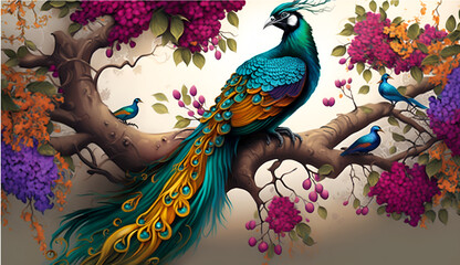 Colorful background on a Colorful tree with leaves on hanging branches on peacock