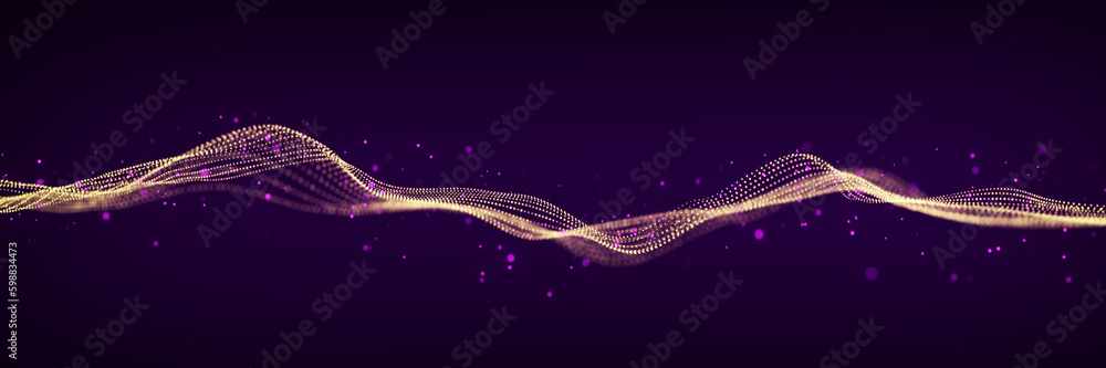 Poster digital dynamic particle wave flow. wavy amplitude sound. futuristic music technology concept. 3d re