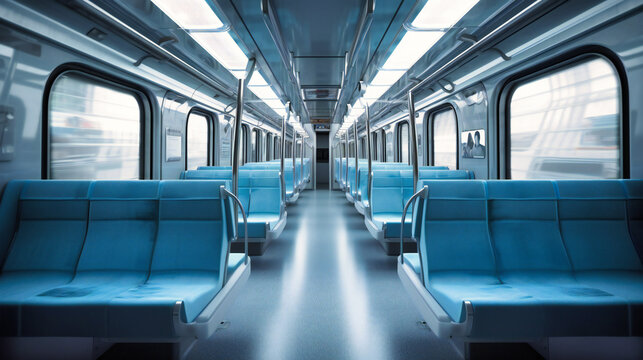 a picture of the inside of a train with blue seats
