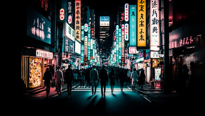 Japanese street with colorful neon signs lighting up the night, and people walking. Artistic. shallow depth of field, Illustrative Generative AI
