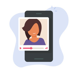 Video call message with girl woman on cell phone mobile app screen flat vector icon, cellphone smartphone female person streaming online digital content via camera, chat technology image