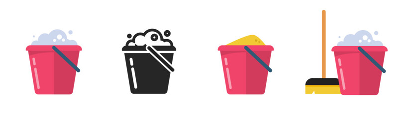 Bucket water foam soap, mop broom and sand flat cartoon icon vector and simple pictogram graphic illustration set black white red image clipart silhouette © vladwel