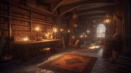 Fototapeta na wymiar Enchanting DnD Fantasy Interior of a Magical Bookstore - Generative AI