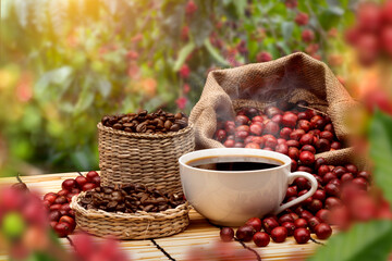 coffee cup and coffee beans on table