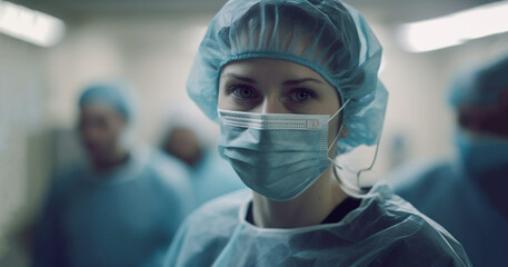 Portrait Of Multi-Cultural Medical Team Wearing Uniform and face masks Standing Inside Hospital Building, doctors,nurses in hospital room at work,healthcare concept
