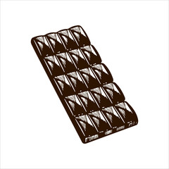 Vector illustration of a chocolate bar. Wrapped in packaging bar with a cocoa beans print, in unwrapped foil, with large chunks, whole block. Vintage hand drawn engraving style.