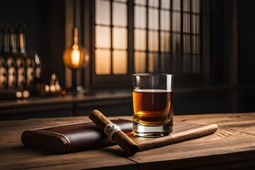 Handmade cuban cigar and glass of whiskey on a rustic wooden table isolated on dark