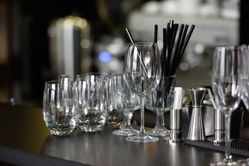 Empty Champagne glasses on a table. soft focus