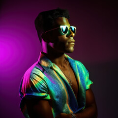 Retro 80s Fashion Portrait of Stylish Black Man with Vibrant Studio Lighting, Created with Generative AI and Other Techniques