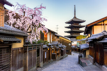 Japan - April 1, 2023 : Scenic view of Ancient District of Kyoto with Yasaka Pagoda Background,...