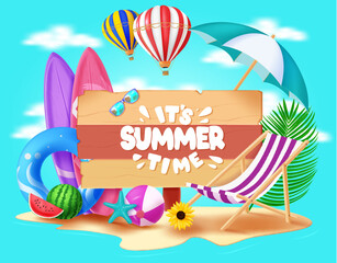 Summer time text vector design. It's summer time signage in wooden space with beach elements. Vector illustration holiday season template. - obrazy, fototapety, plakaty