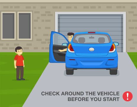 Safe driving tips and rules. Check around the vehicle before your start. Driver looks back before moving reverse in the driveway. Flat vector illustration template.