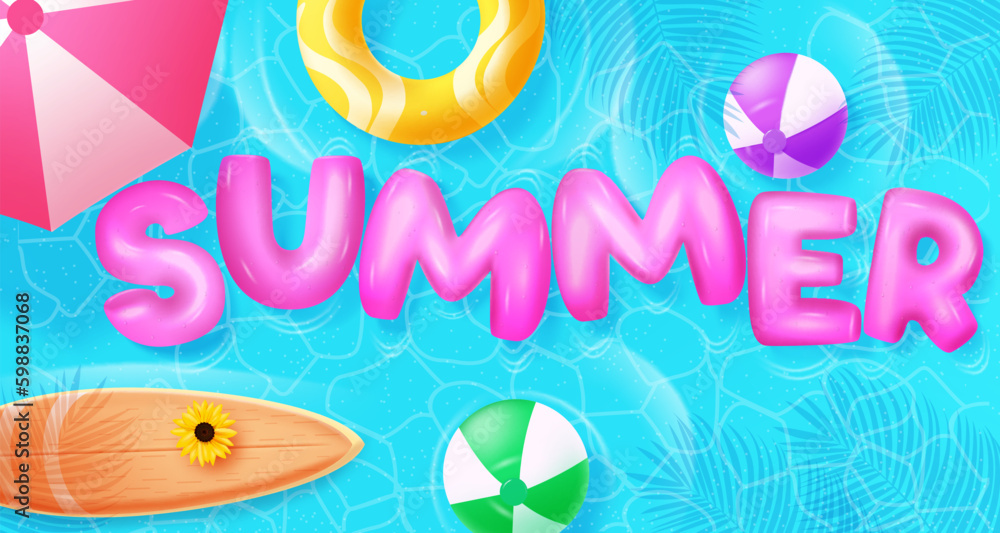 Poster summer 3d text vector design. summer floaters in pink letters with beach elements in swimming pool b