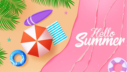 Hello summer vector text design.  Summer greeting text in top view beach seashore background. Vector illustration tropical holiday season.