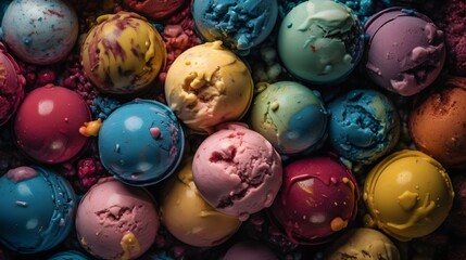 Fototapeta na wymiar Colorful Ice Cream seamless background, Scoops of ice cream, assorted flavors. Scoops of ice cream seamless pattern. Background for poster, greeting cards, headers, banner, website. Ai Generative