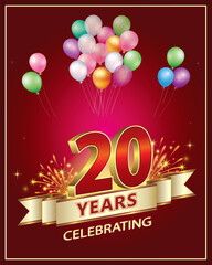 20th years anniversary celebration. Golden numbers with fireworks on a red background with ribbon and balloons. Vector illustration