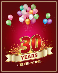 30 years anniversary celebration. Golden numbers with fireworks on a red background with ribbon and balloons. Vector illustration