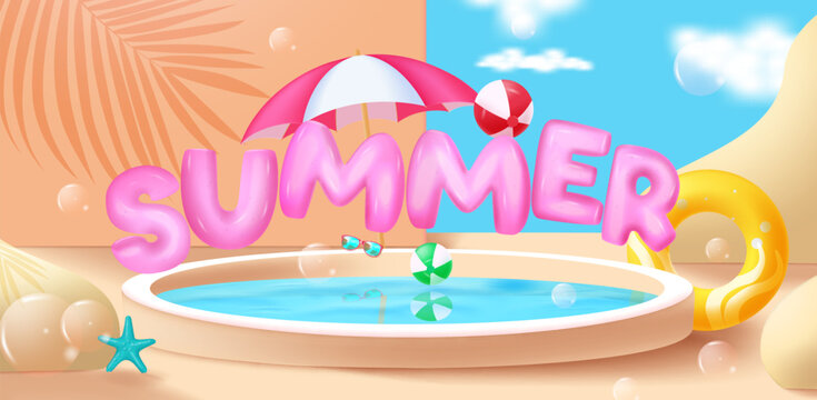 Summer 3d text vector design. Swimming pool with umbrella, floaters, beach ball and bubbles background. Vector illustration summer tropical season. 