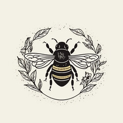 round, intricate and ornate bee logo emblem on solid background- Generative AI - obrazy, fototapety, plakaty