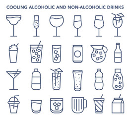 Drinks icons set. Juice packets, soda bottle or can, cocktails glass.