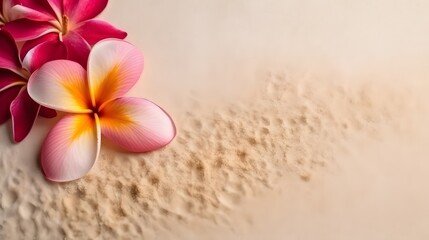 frangipani flowers on the sand, Plumeria flowers on the beach on the sand. Summer Background Ai generative