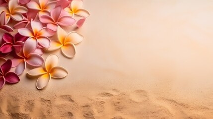 Fototapeta na wymiar frangipani flowers on the sand, Plumeria flowers on the beach on the sand. Summer Background Ai generative